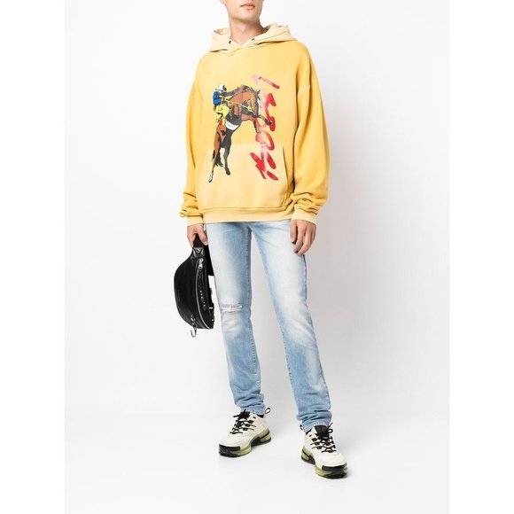 Bossi Cowboy Hoodie Mustard Western Print Oversized Mens XL Yellow Unisex Loose - Picture 3 of 14